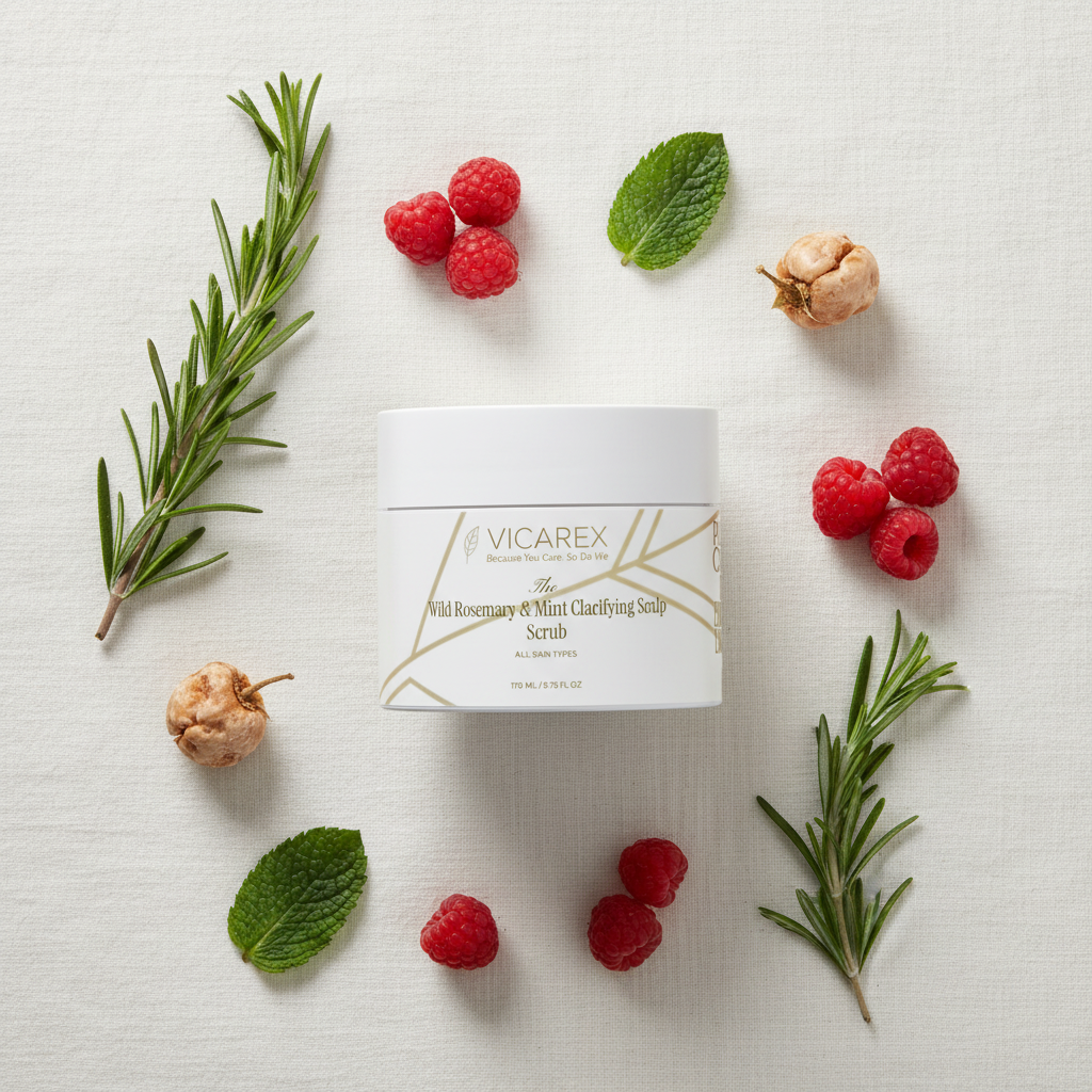 Overhead flat lay — jar + botanicals from above